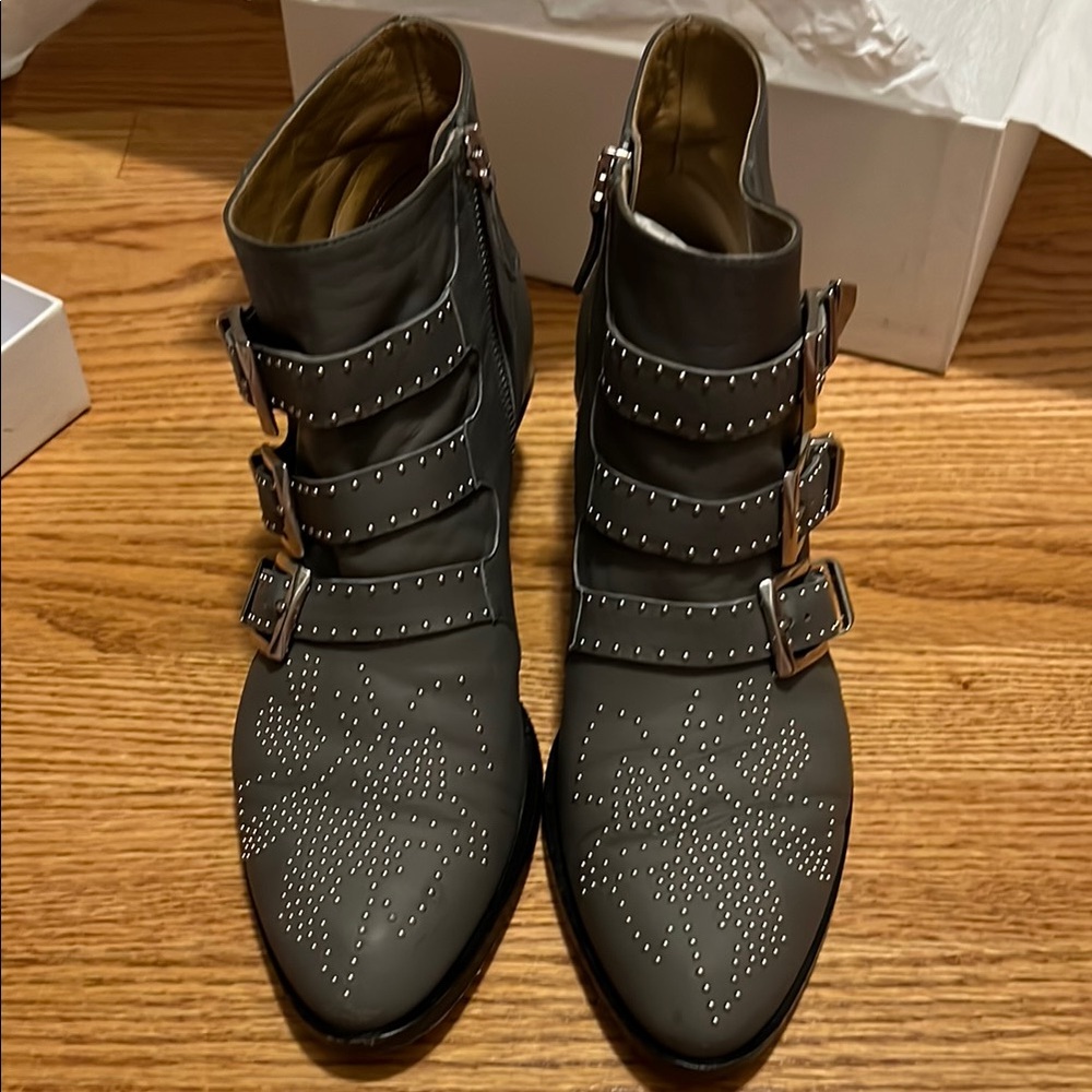 Chloe Studded Leather Gray Ankle Boots